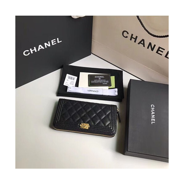 [CHANEL]샤넬 보이 지퍼 장지갑 A80288-3 캐비어 금장