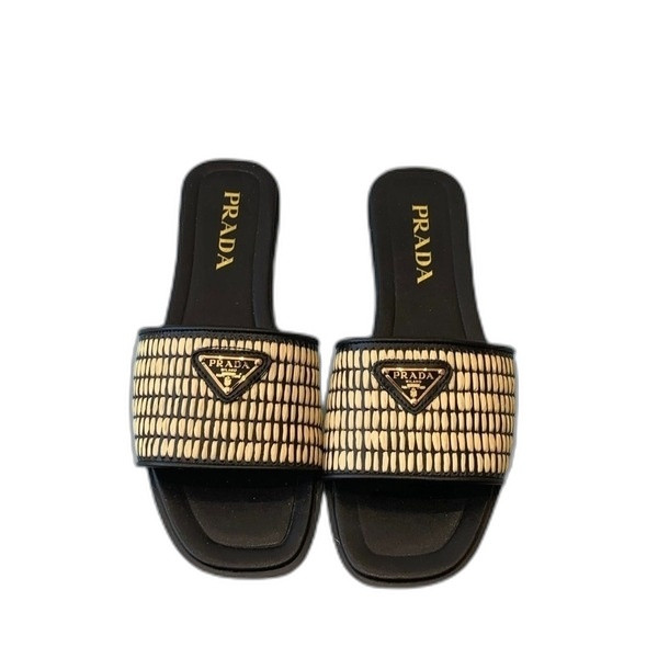 [ 프라다 ] 크로셰 라피아 플랫 샌들