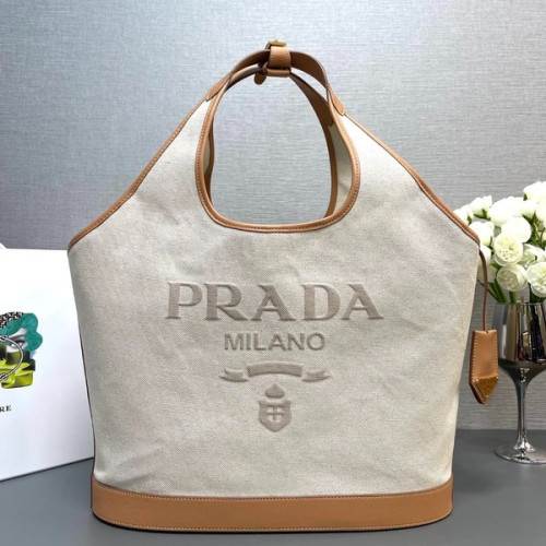[ Prada ] 프라다 리넨 혼방 및 가죽 토트백 라지
