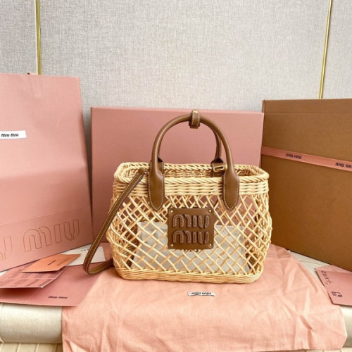 [ Miu Miu ] 미우미우 레더 트림 우븐 패브릭 핸드백