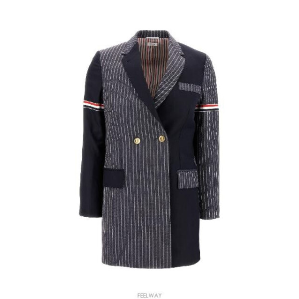 THOM BROWNE 펀믹스 핀스트라이프 암밴드 더블 코트