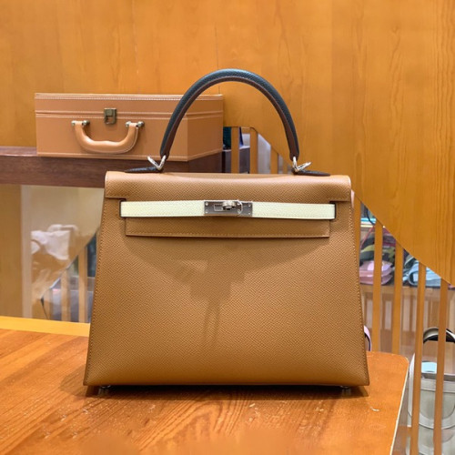 에르메스 켈리 25 셀리에 트리컬러 (골드브라운/크림화이트/사파이어블랙) 실버 하드웨어