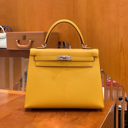 에르메스 켈리 25 셀리에 엠버 옐로우 실버 하드웨어