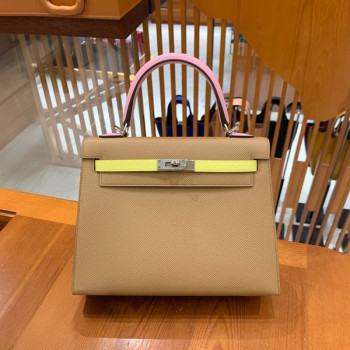 에르메스 켈리 25 셀리에 트리컬러 (라임/차이/모브) 실버 하드웨어