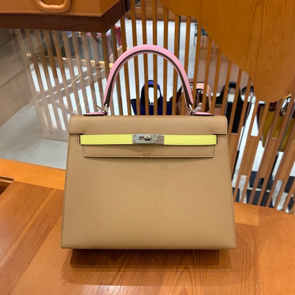 에르메스 켈리 25 셀리에 트리컬러 (라임/차이/모브) 실버 하드웨어