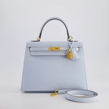 에르메스 켈리 25 셀리에 헤이즈 블루 골드 하드웨어