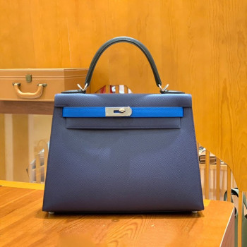 에르메스 켈리 28 셀리에 사파이어블루 트리컬러 (사파이어블루/블랙/이즈미르블루) 실버 하드웨어