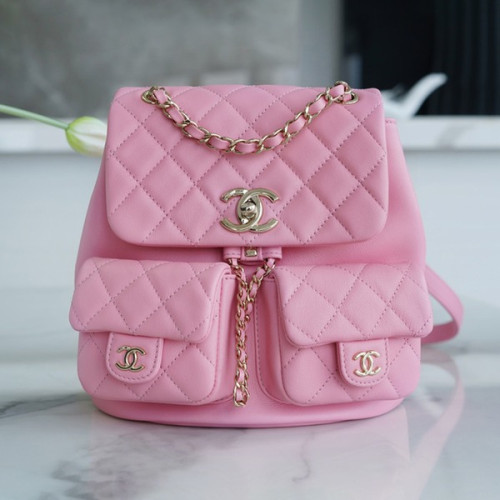 샤넬 23A 듀마 더블 포켓 백 미디엄 핑크 카프스킨