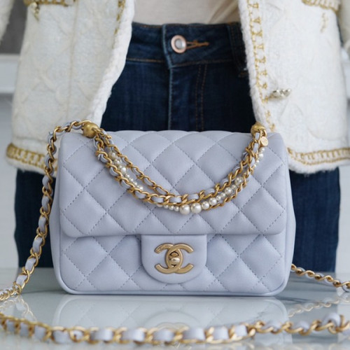 샤넬 클래식 더블 체인 숄더백 라이트 그레이 금장