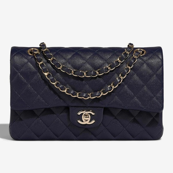 샤넬 클래식 미디엄 다크 블루 금장 캐비어