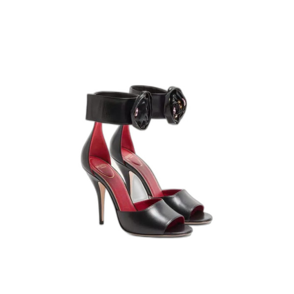 드립 로즈 크리스털 장식 키드스킨 샌들 105mm 블랙