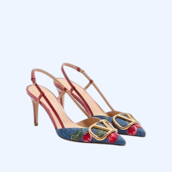 브이로고 시그니처 체리픽 자수 데님 슬링백 펌프스 80MM