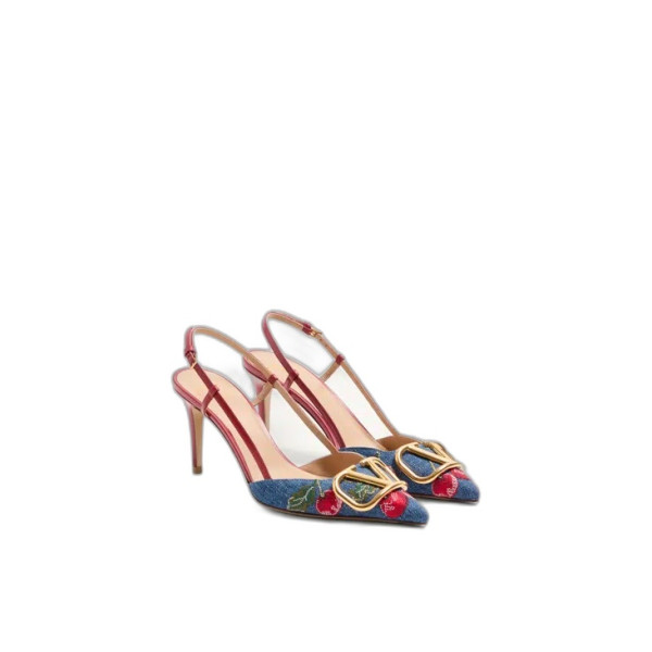 브이로고 시그니처 체리픽 자수 데님 슬링백 펌프스 80MM