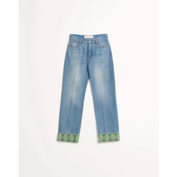 자카드 트리밍 데님 팬츠