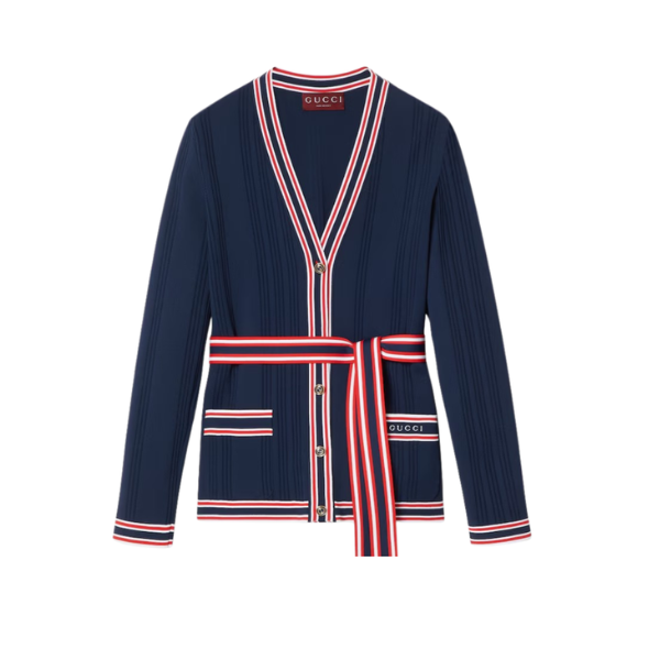 스트라이프 트리밍 셀프 타이 가디건