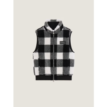 체크 무늬 슬리브리스 플리스 재킷