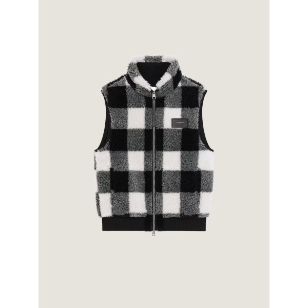 체크 무늬 슬리브리스 플리스 재킷