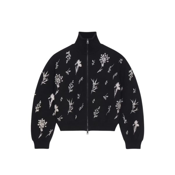 크리스탈 자수가 들어간 울 니트 소재의 코쿤 봄버 재킷