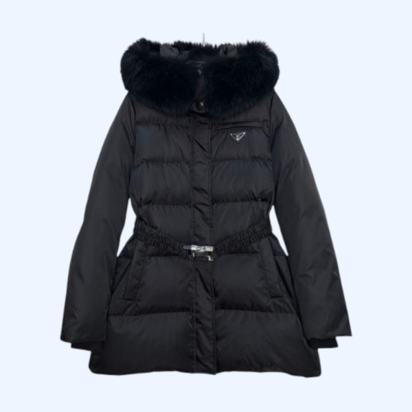 프라다 폭스 퍼 칼라 후드 미디엄 기장 다운 재킷