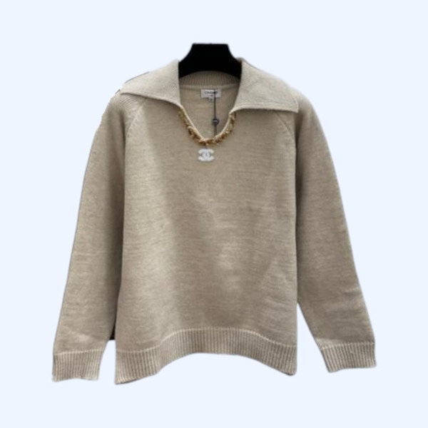 샤넬 솔리드 컬러 스팽글 라펠니트