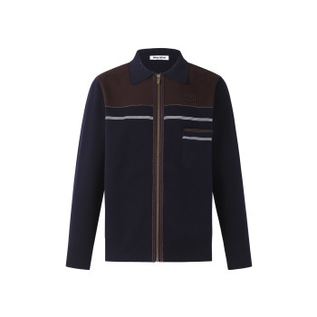 미우미우 라펠 가죽로고 지퍼 가디건