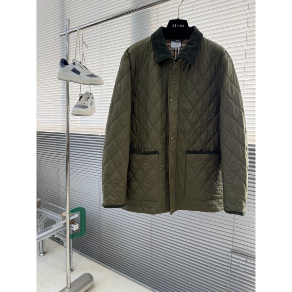 버버리 라펠 그린 체크무늬 면재킷