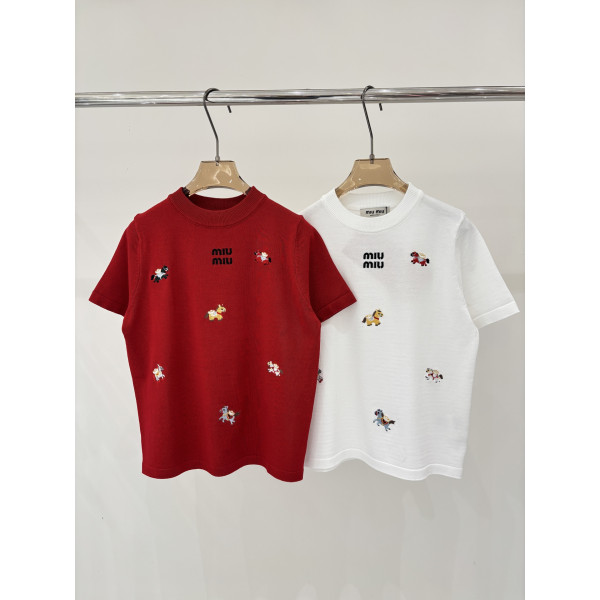 미우미우 라운드넥 레터 로고 자수 니트