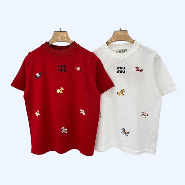 미우미우 라운드넥 레터 로고 자수 니트