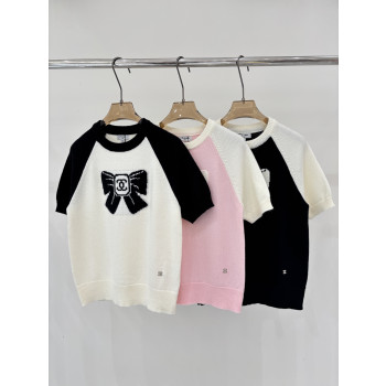 샤넬 라운드넥 레터로고 리본 니트빈팔