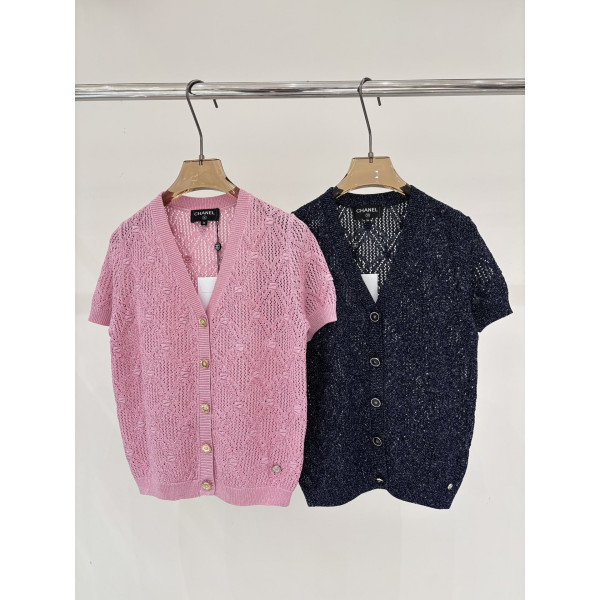 샤넬 브이넥 장식 팬터 반팔 가디건