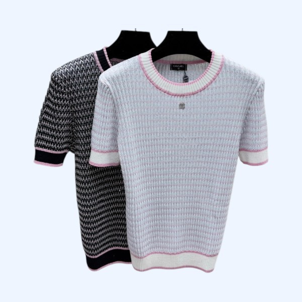 샤넬 스트라이프 라운드넥 니트 반팔