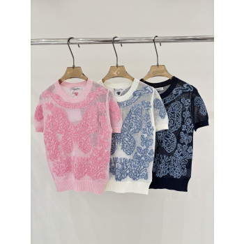 디올 라운드넥 나비자수 니트 반팔