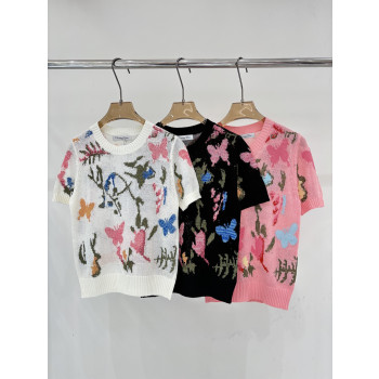 디올 라운드넥 꽃무늬 니트 반팔