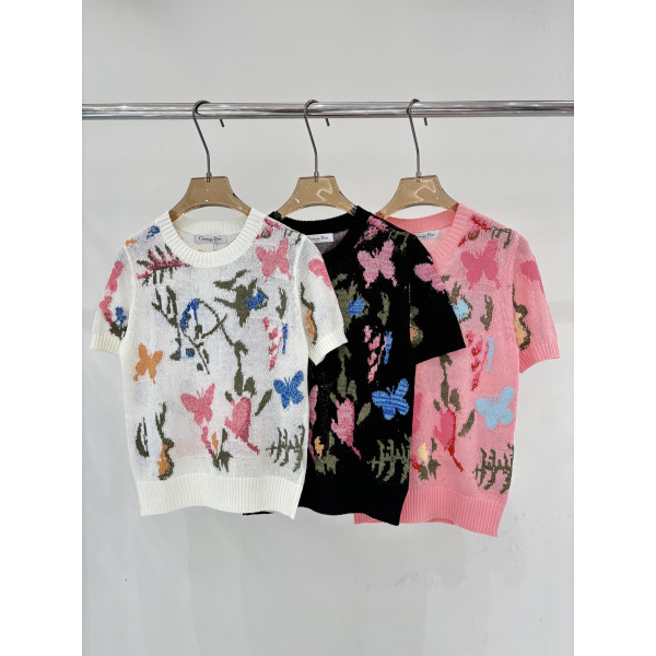 디올 라운드넥 꽃무늬 니트 반팔