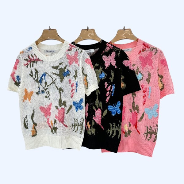 디올 라운드넥 꽃무늬 니트 반팔