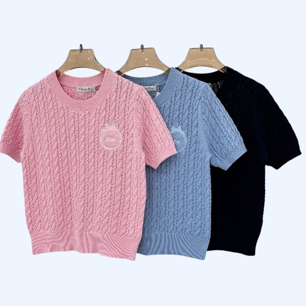 디올 라운드넥 로고 리본 니트