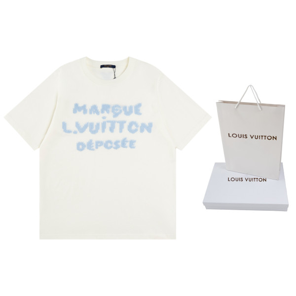 LV 블루 울 자수 반팔 티셔츠