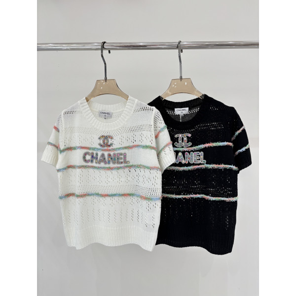 샤넬 라운드넥 울 장식 니트 반팔
