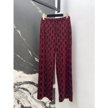 구찌 버건디 더블G핫 다이아몬드 장식 벨벳 팬츠