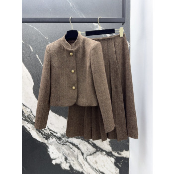 LP 스탠드업 숏 재킷 미디 플러츠 스커트 세트