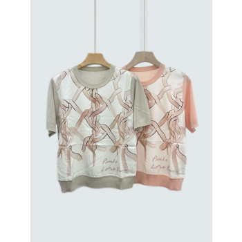 LP 실크 프린트 캐시미어 니트 반팔 디셔츠