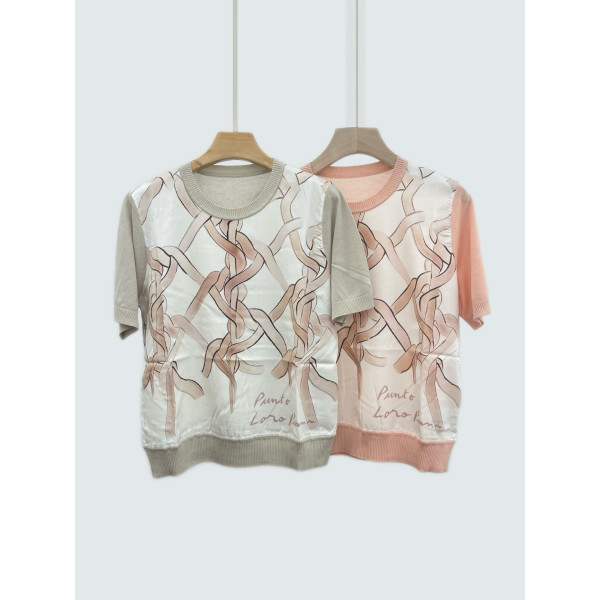 LP 실크 프린트 캐시미어 니트 반팔 디셔츠