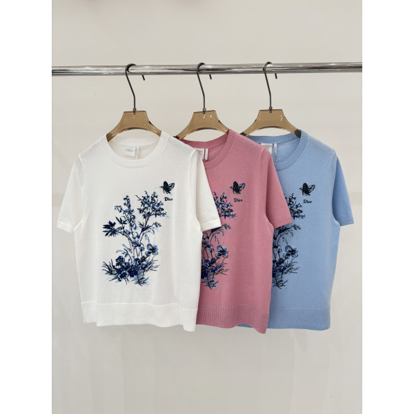 디올 나비 자수 니트반팔 티셔츠