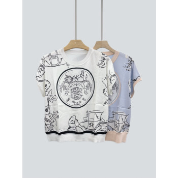 에르메스 트윌 실크 프린트 라운드넥 반팔 티셔츠