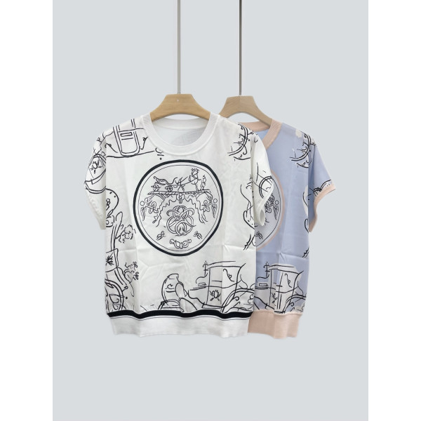 에르메스 트윌 실크 프린트 라운드넥 반팔 티셔츠