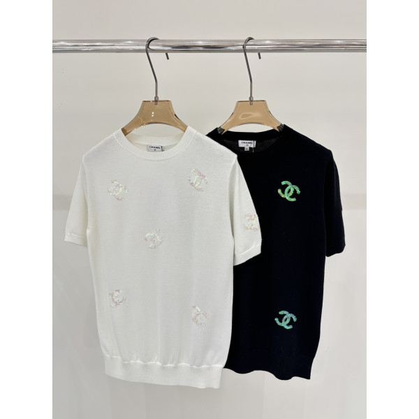 샤넬 더블 레터 로고 컬러 니트 반팔