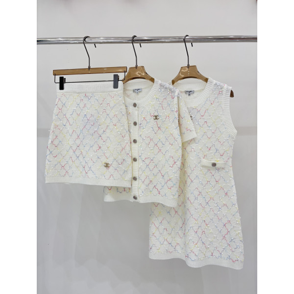 샤넬 로고 입체 혼합색상 팬턴 니트 셋트