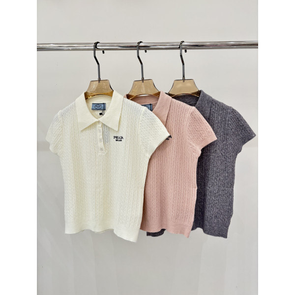 프라다 로고자수 니트 반팔 티셔츠
