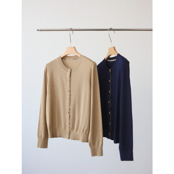 버버리 체크무늬 스플라이스드 헴드 니트 가디건