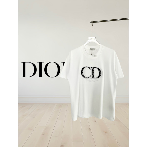 디올 자수 자카드 CD 반팔 티셔츠